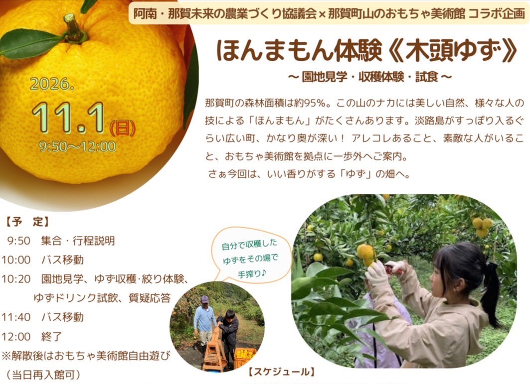 11/1(日)木頭ゆずを丸かじり？那賀町山のおもちゃ美術館ほんまもん体験